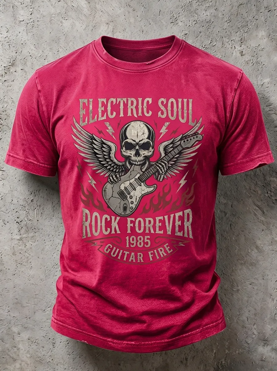 Men's Rock Music Lover Winged Skull Guitar Printed T-shirt
