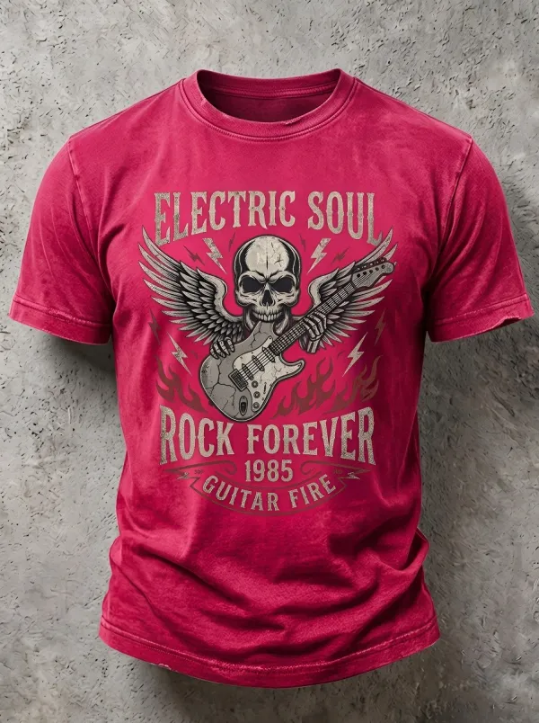 Men's Rock Music Lover Winged Skull Guitar Printed T-shirt