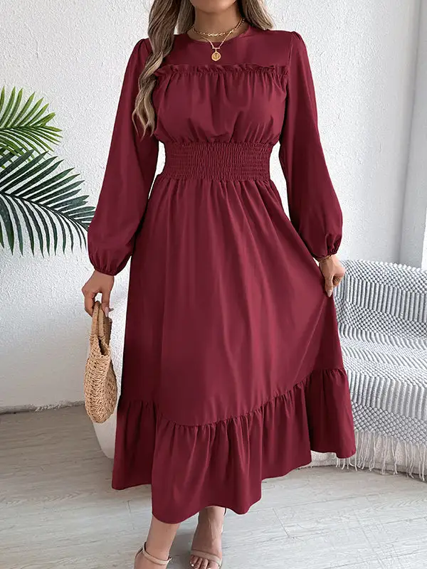 Elasticated Pleated Neck Maxi Dress