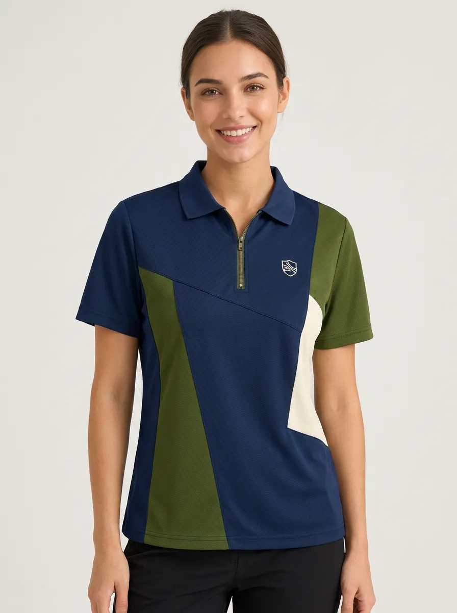 Women's Sporty Colorblock Shield Logo Printed Polo Shirt