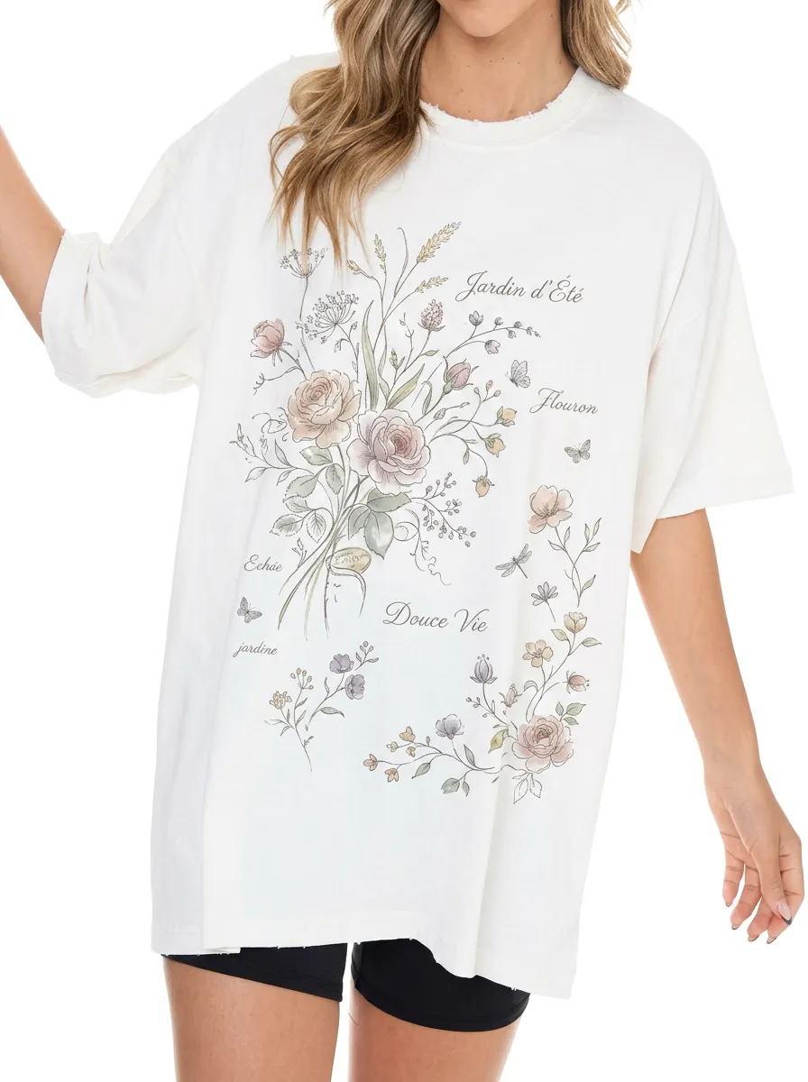 Women's Botanical Garden Lover Floral Butterfly Printed T-shirt