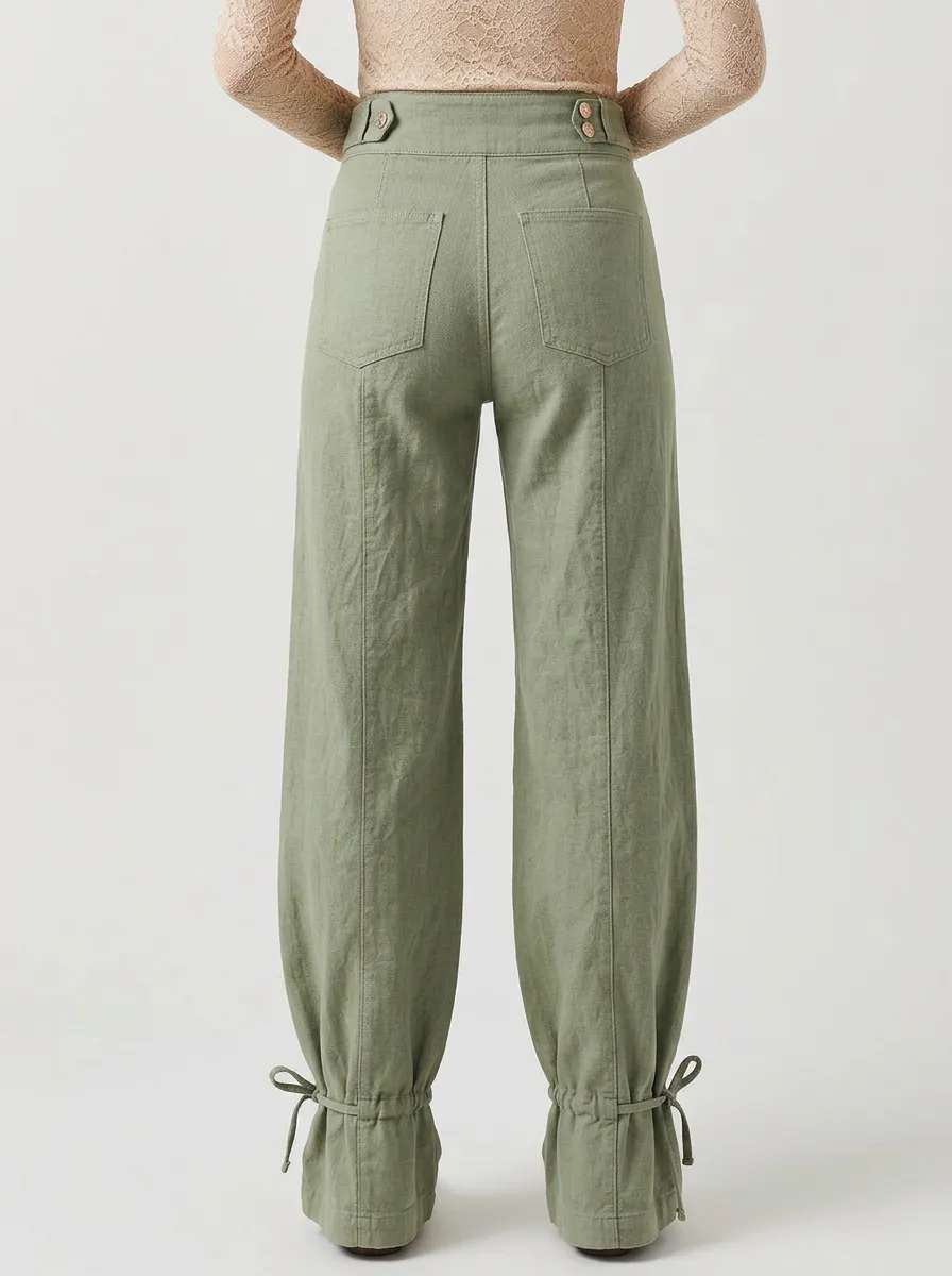 Women's Western Style Sage Green High Waisted Tie-Cuff Pants