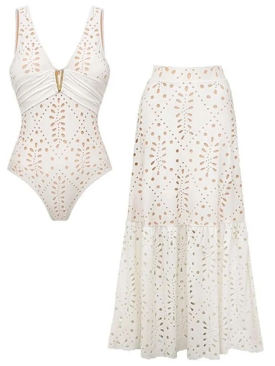 Nadira V Neck Solid Cutting Flower Swimsuit Set