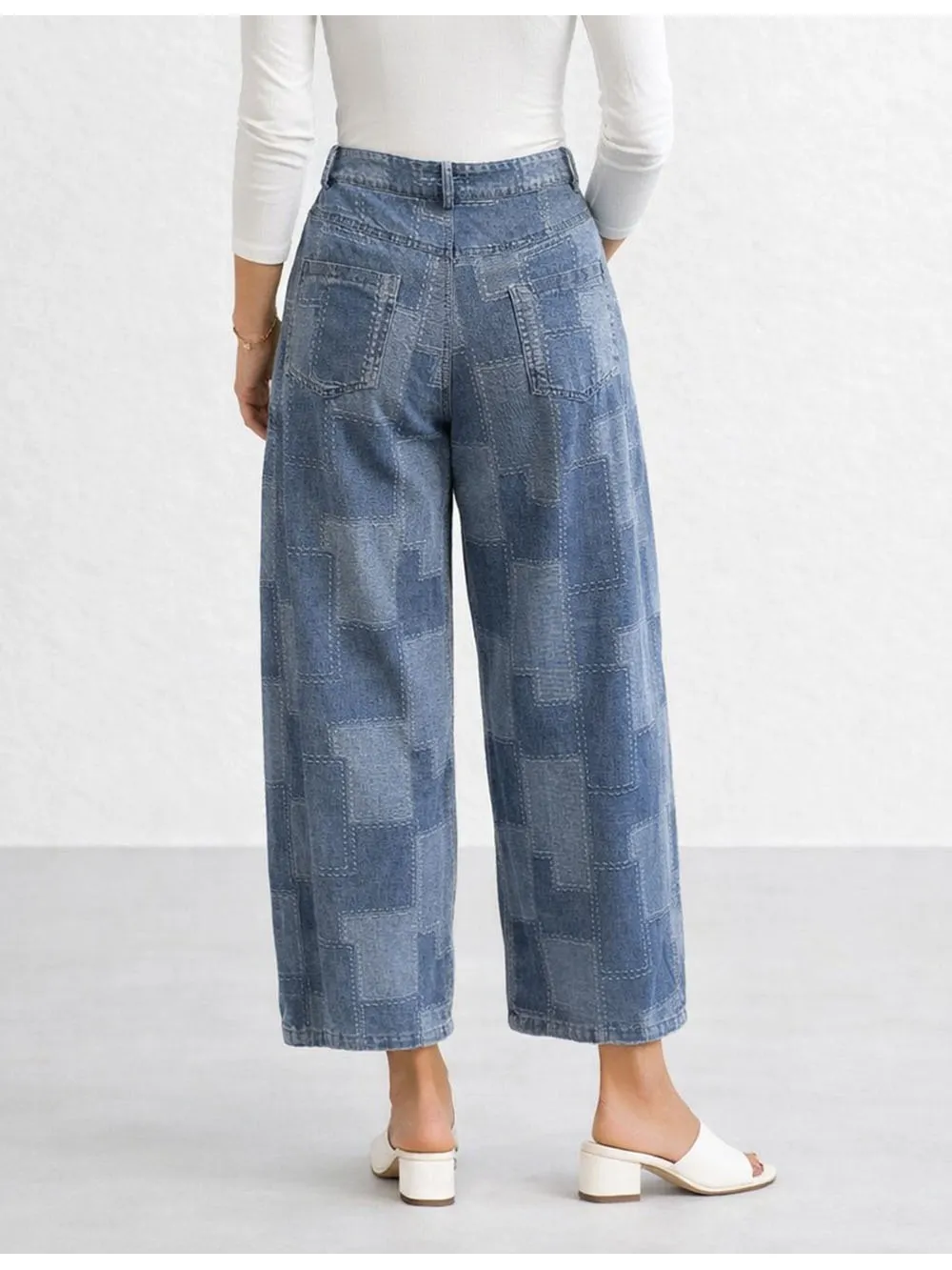 Patch Pattern Button Front Barrel Leg Denim Pants