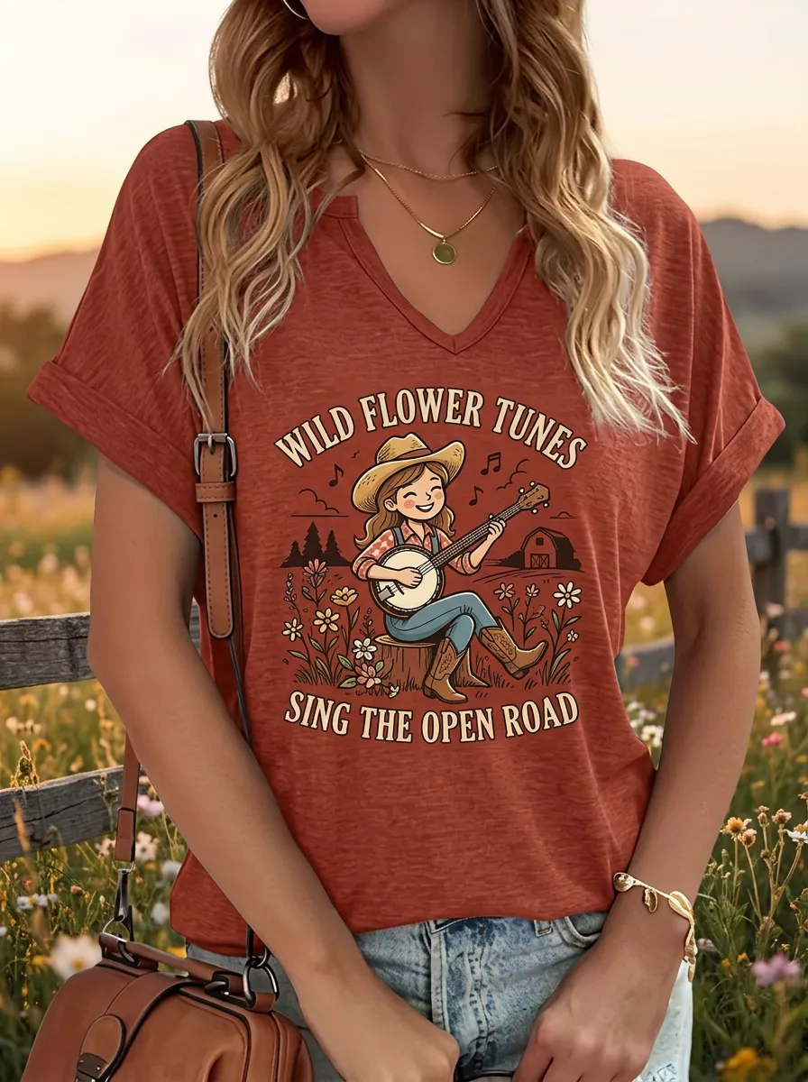 Rustic Banjo Women's Country Music V-Neck T-Shirt