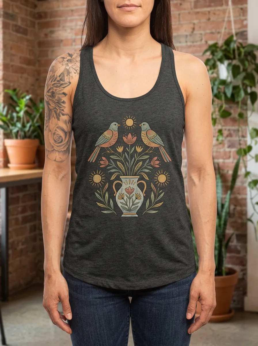 Women's Nature Lover Bird Floral Vase Printed Tank Top