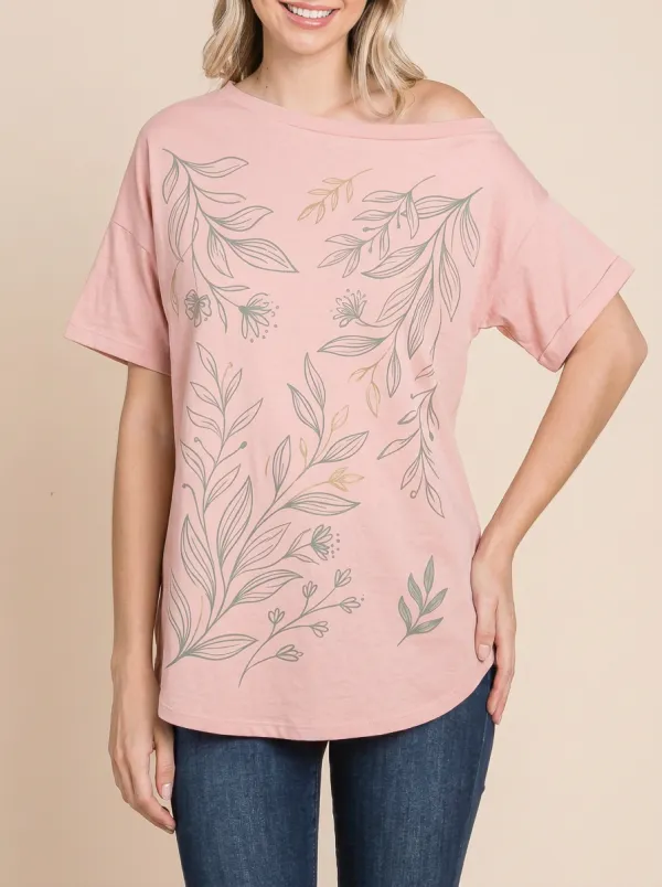 Women's Botanical Nature Lover Green Leaf Floral Printed T-shirt