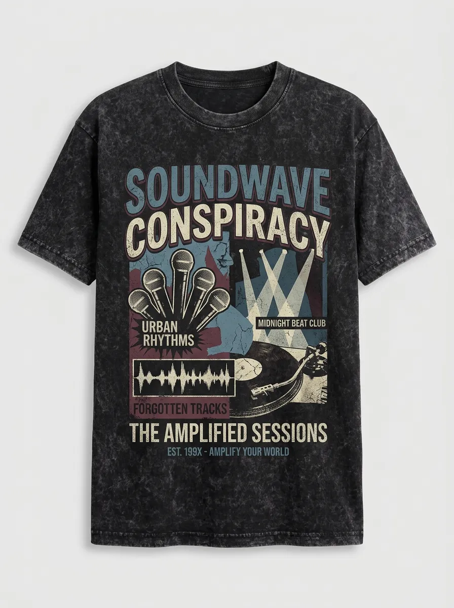 Unisex Music Lover Soundwave Microphone Vinyl Record Printed T-shirt