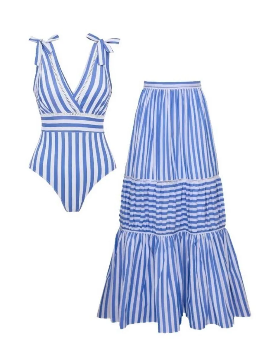 Nayeli Bowknot Striped Print Swimsuit Set