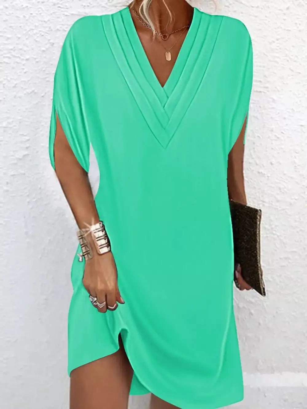 V Neck Slit Mini Dress