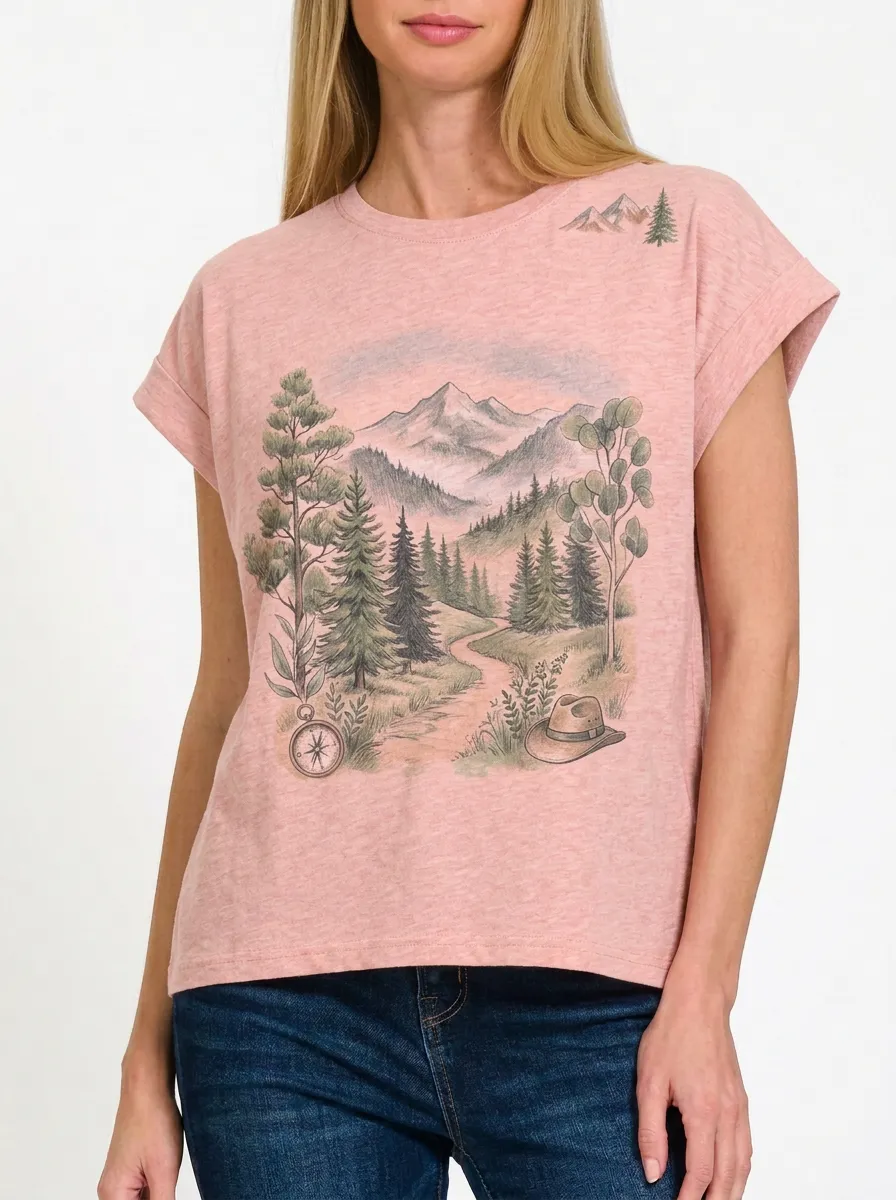 Women's Nature Hiking Lover Mountain Forest Compass Printed T-shirt