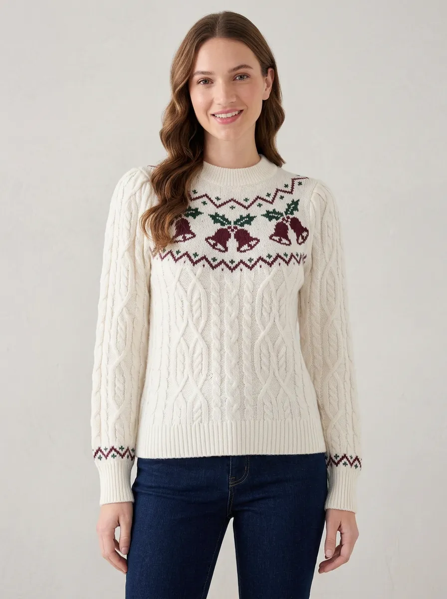 Christmas Holiday Jingle Bell Fair Isle Patterned Sweater