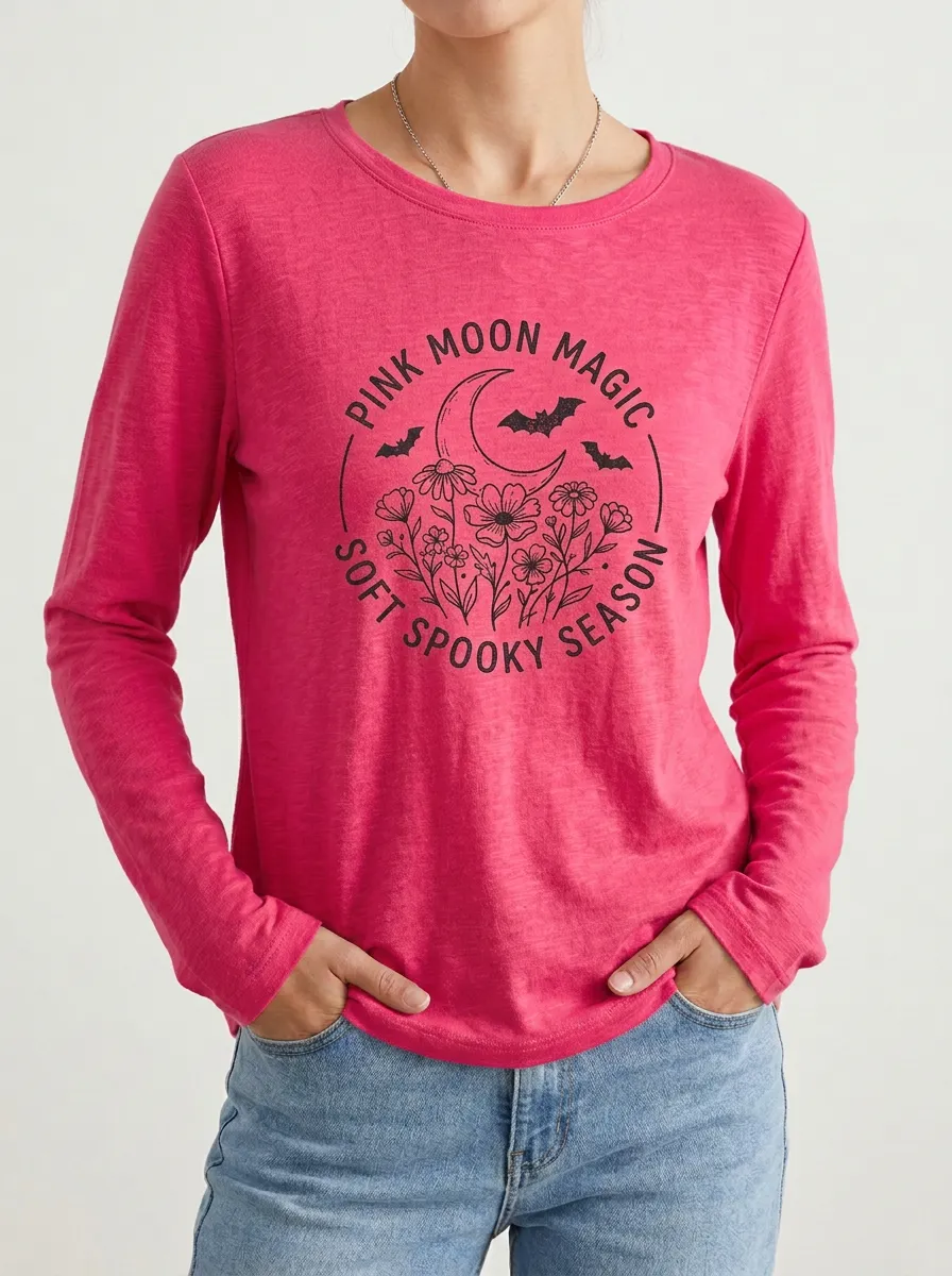Moon Spooky Spooky-Season Halloween Cotton Linen Long Sleeve Top