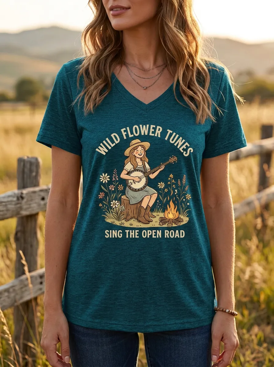 Folk-Inspired Banjo Women's Country Music V-Neck T-Shirt