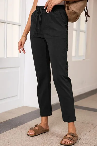 Drawstring Straight Pants With Pocket