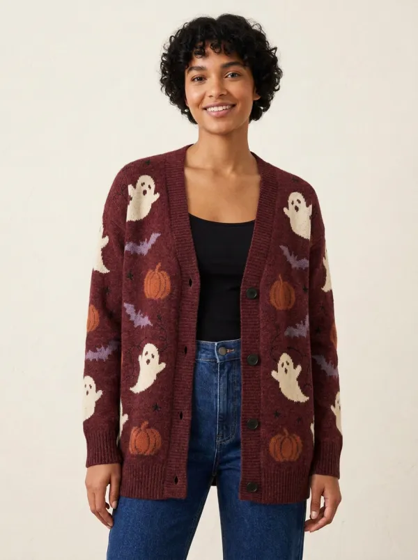 Women's Halloween Ghost Pumpkin Bat Pattern Printed Cardigan