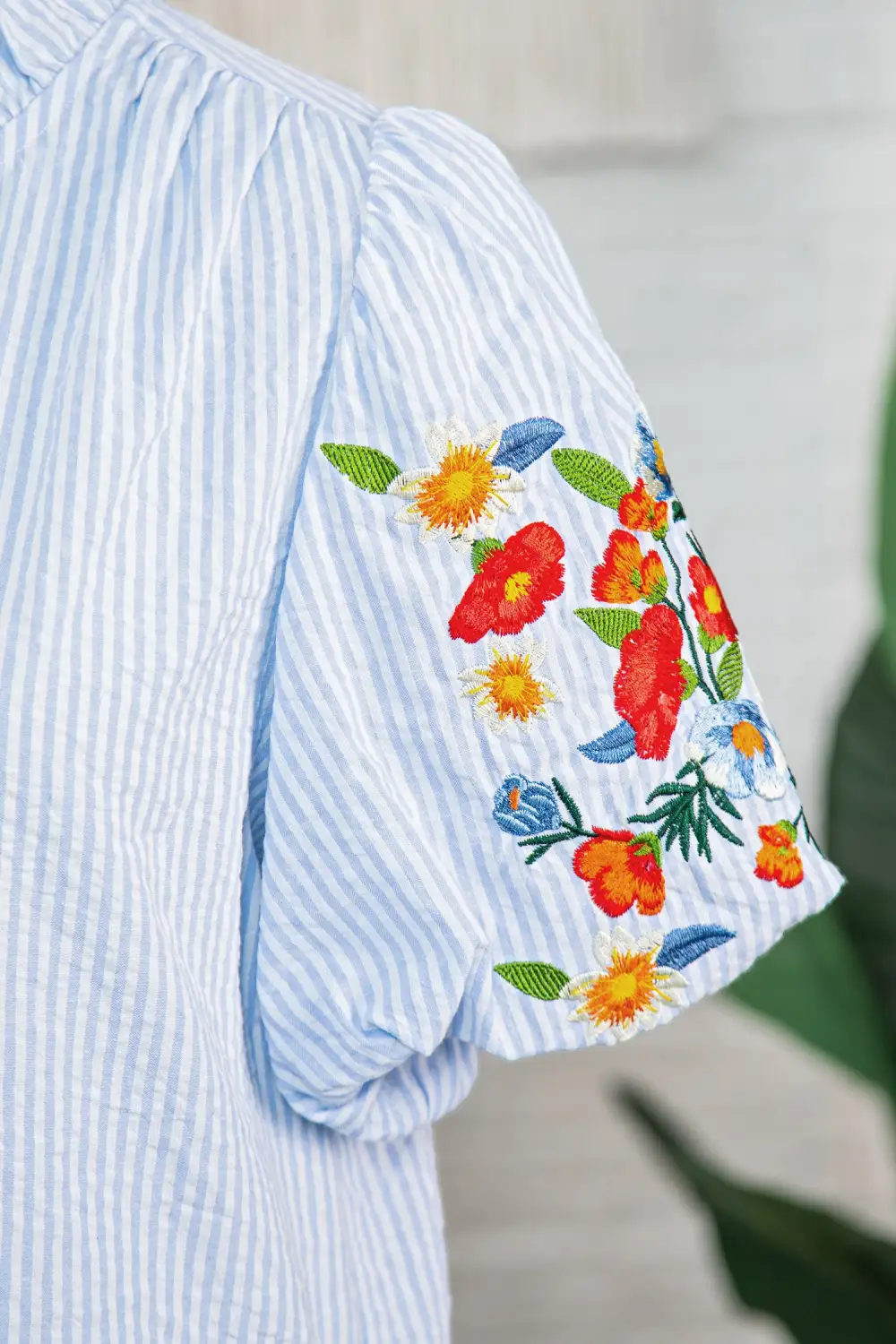 Striped Floral Embroidered Shirt Blouse