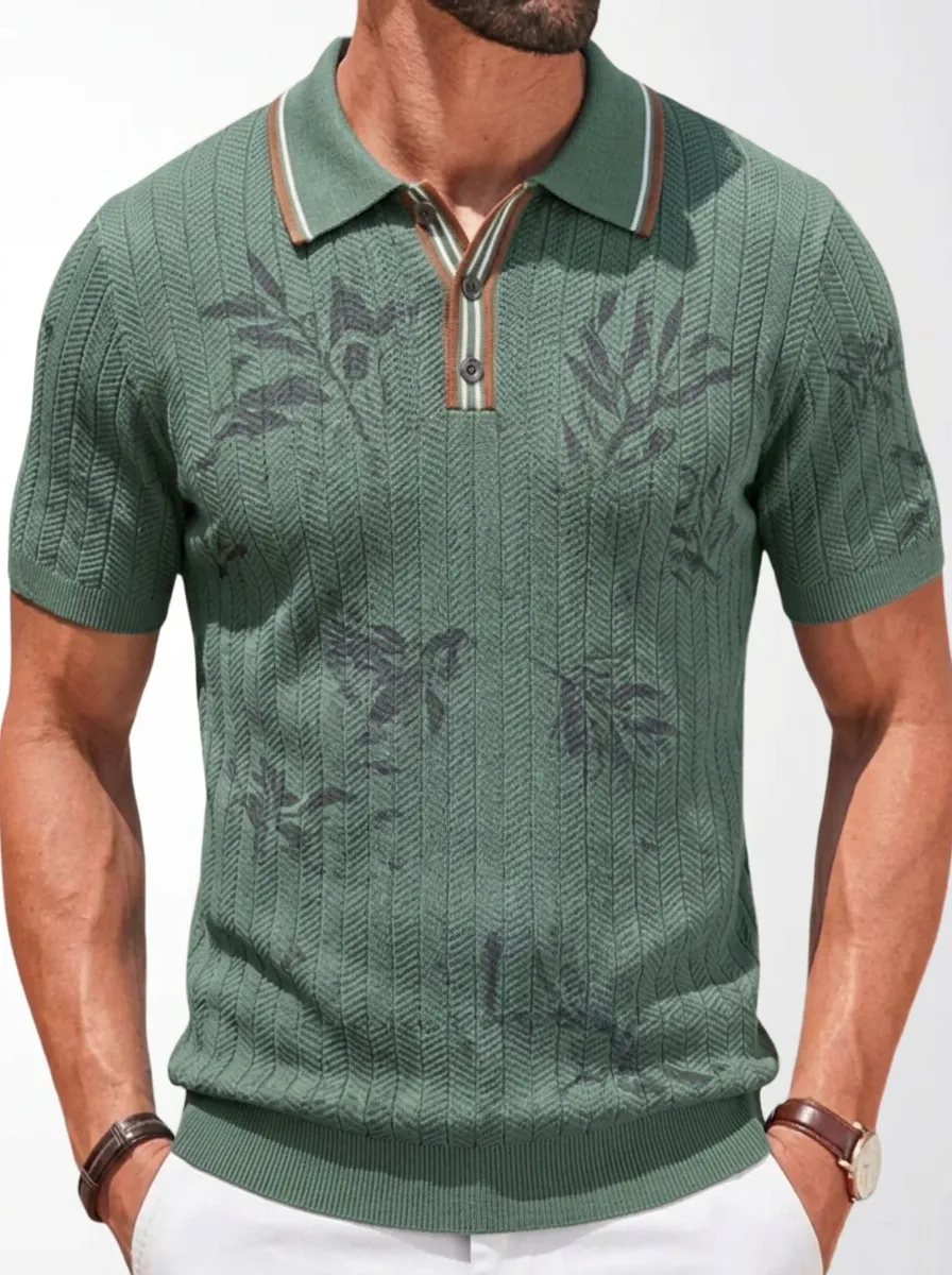 Men's Casual Tropical Leaf Pattern Printed Polo Shirt