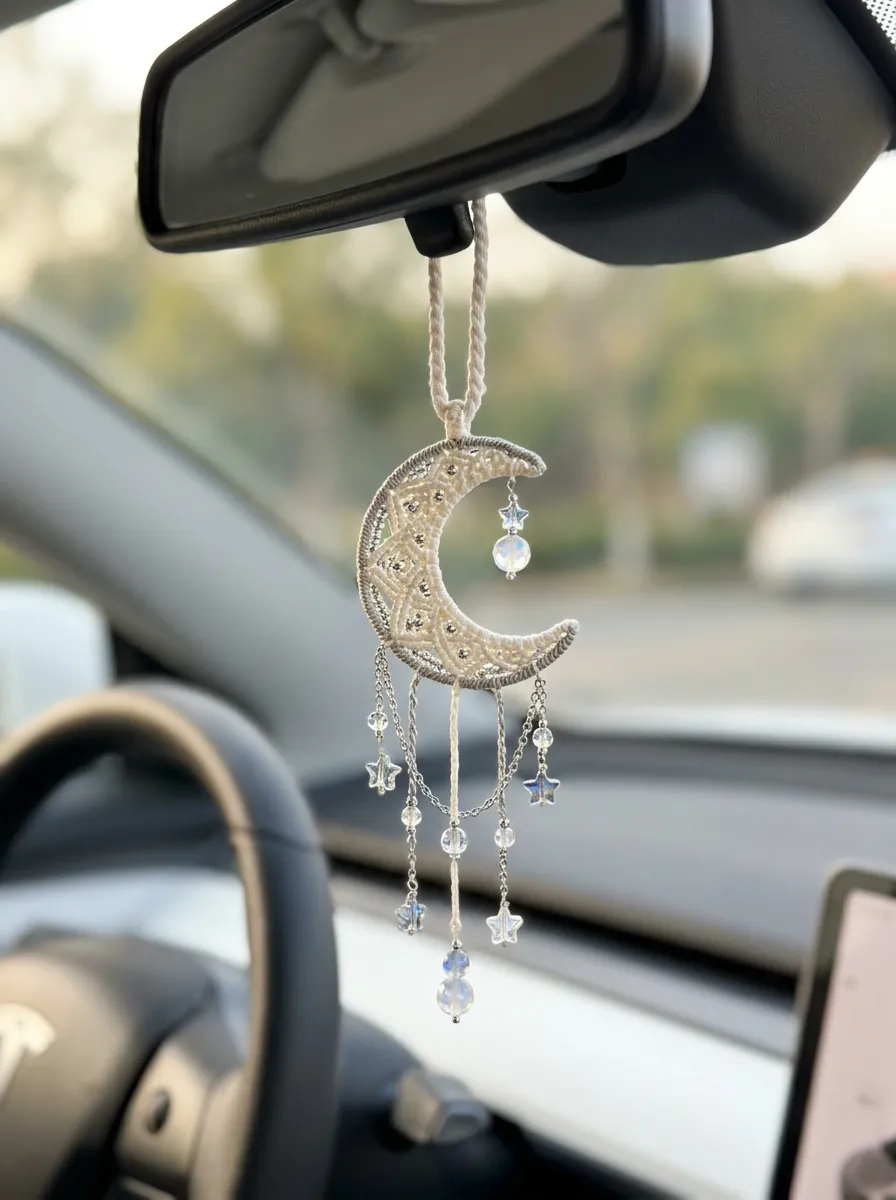 Macrame Moon-Star Rearview Mirror Hanging Ornament