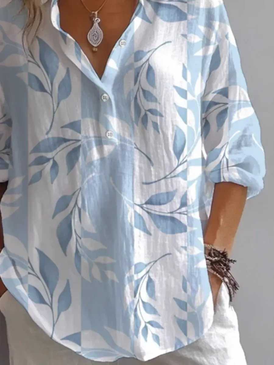 Women's Casual Vacation V-neck Plant Print Long Sleeve Shirt