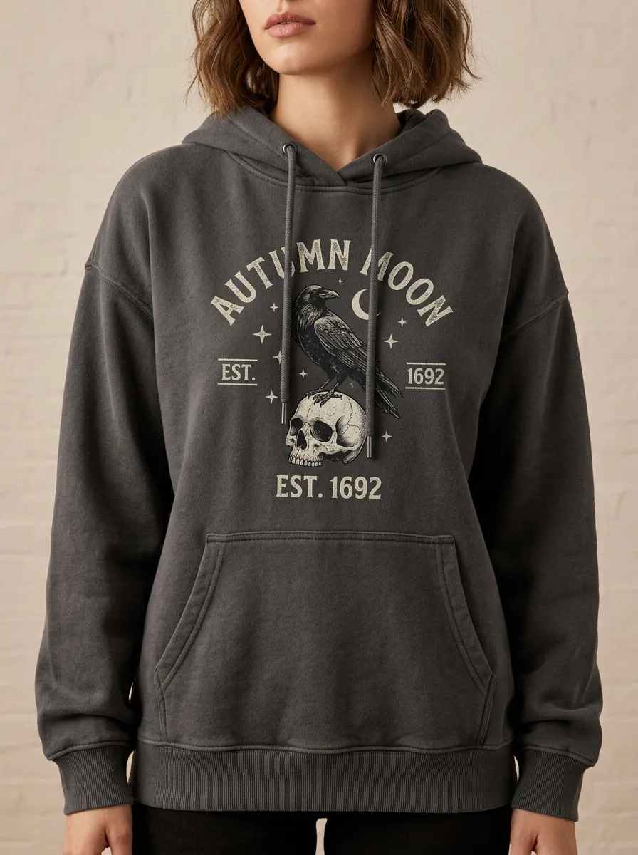 Women's Halloween Autumn Moon Raven Skull Printed Hoodie