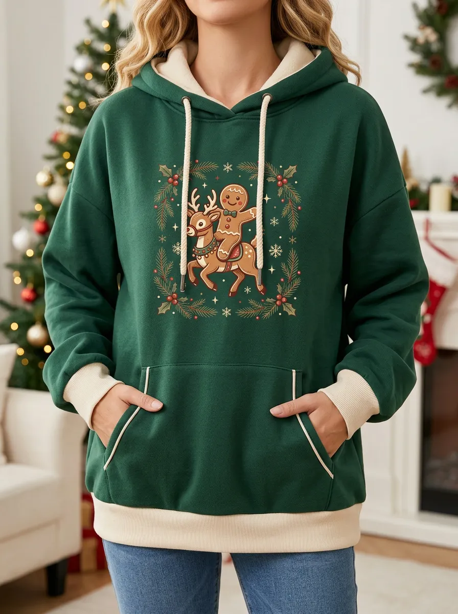 Gingerbread Rider on a Festive Reindeer Graphic Hoodie