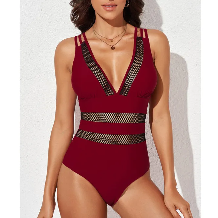 Women's Plunge-Neck Mesh Printed One-Piece Swimsuit