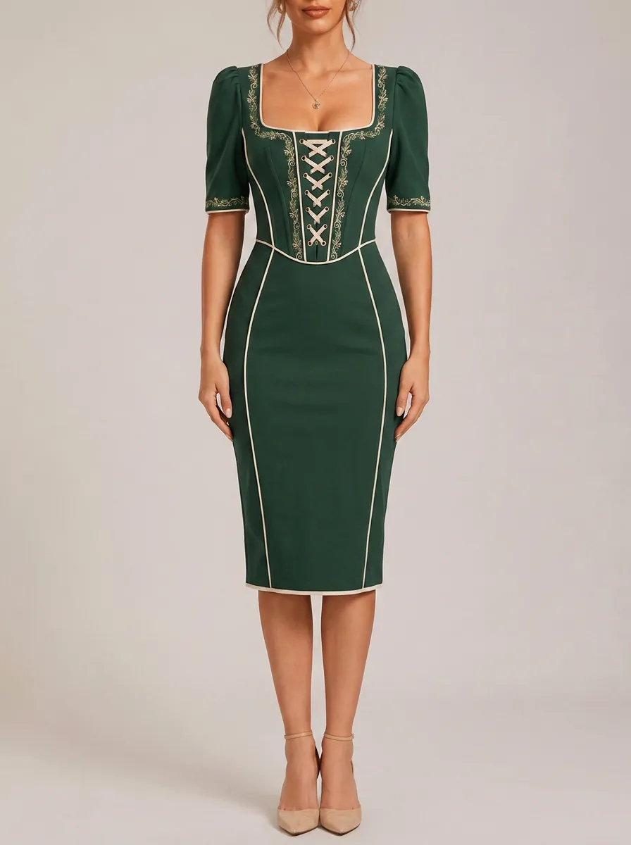Women's Embroidered Printed Lace-Up Fitted Dress