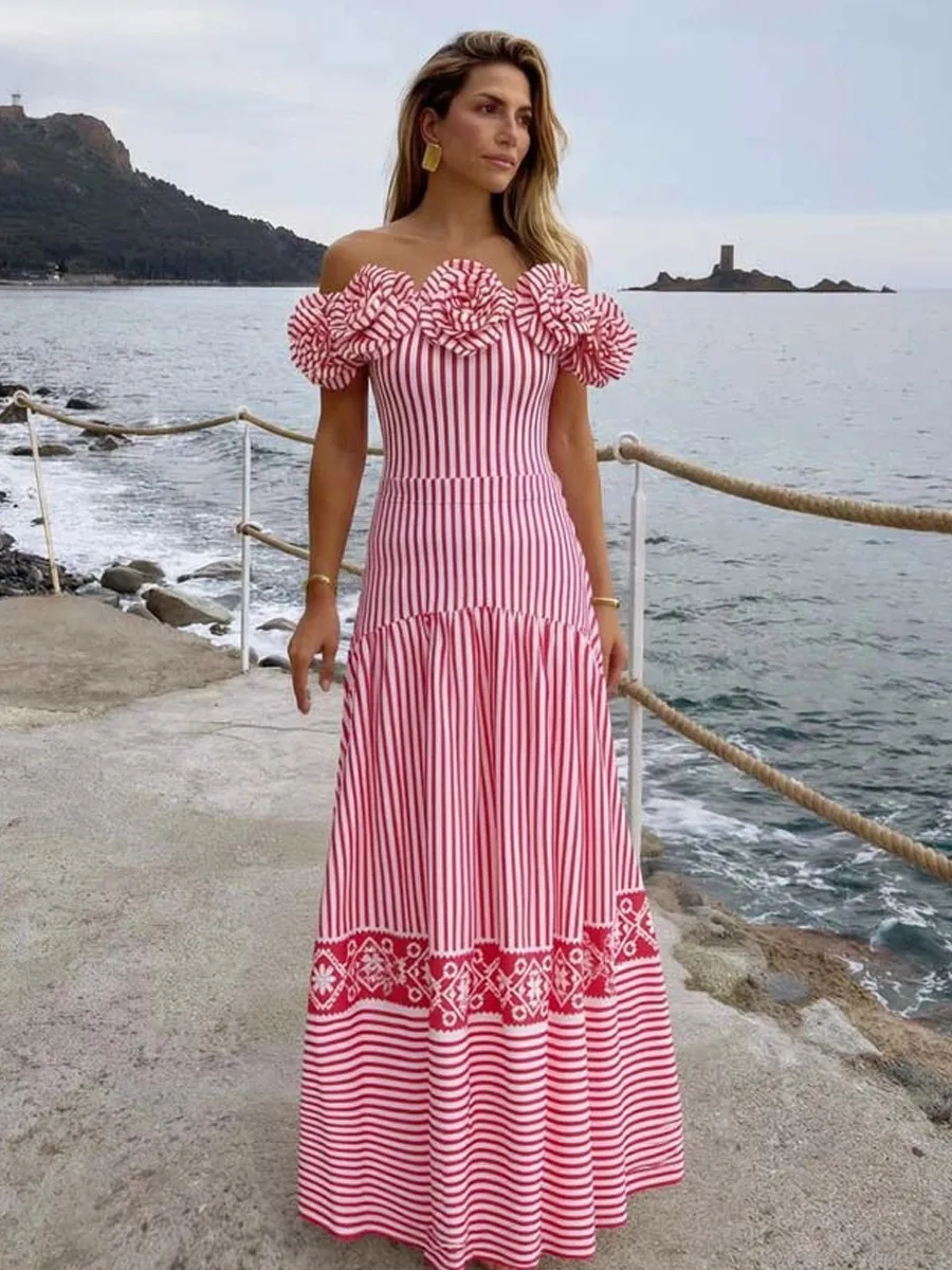 Estella 3D Floral-Embellished Striped Swimsuit Set