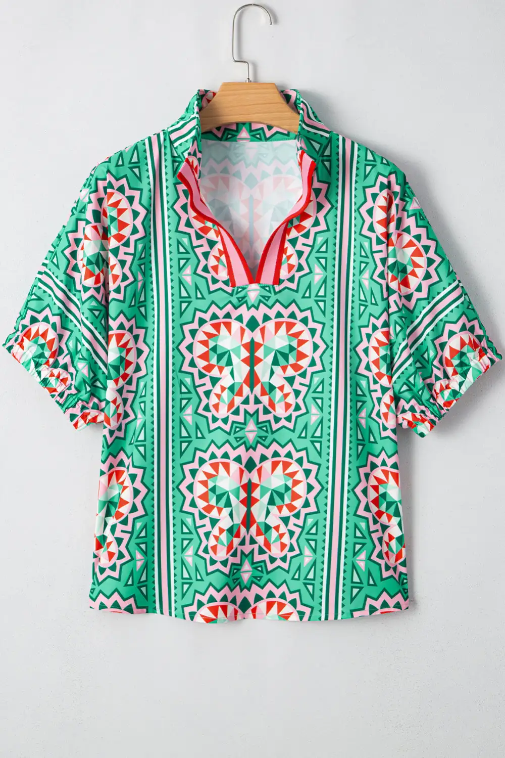Striped Abstract Print V-Neck Blouse