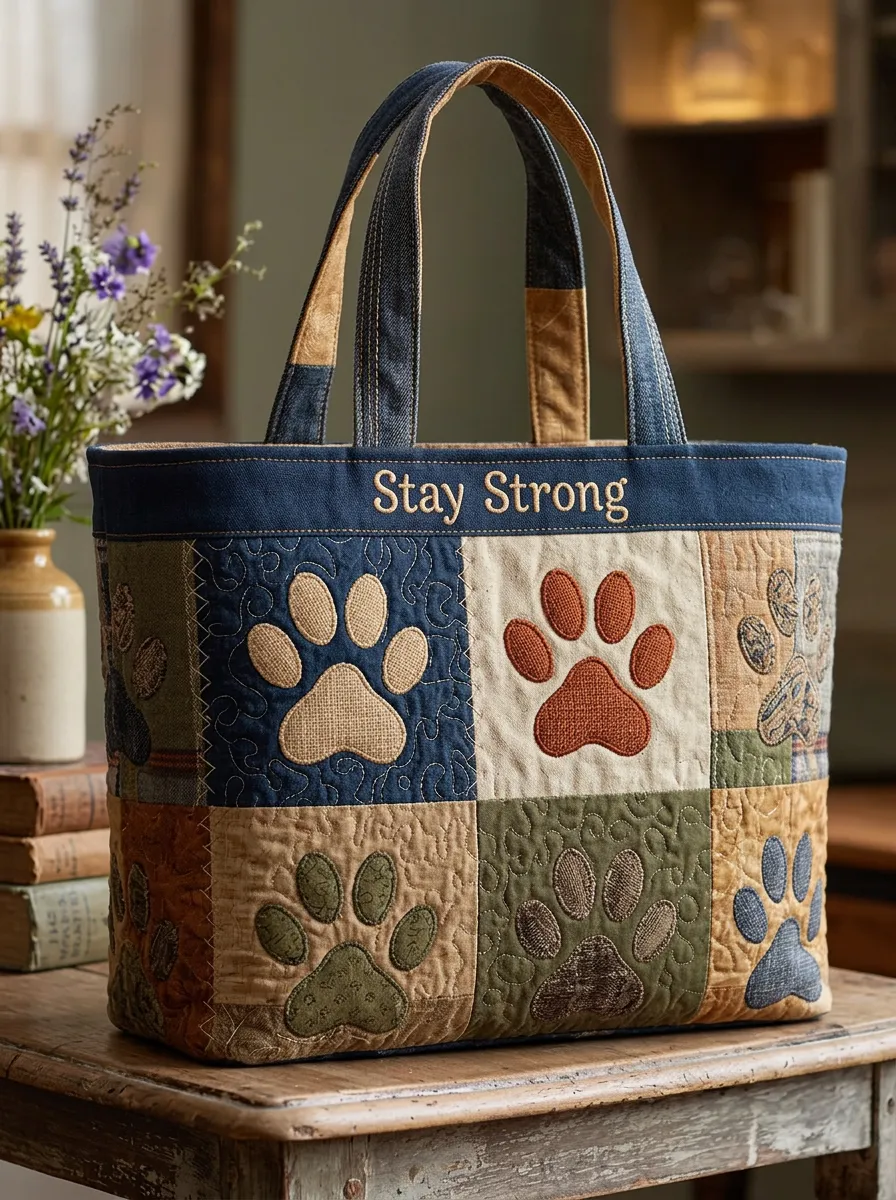 Dog Lover Stay Strong Paw Print Quilted Printed Tote Bag