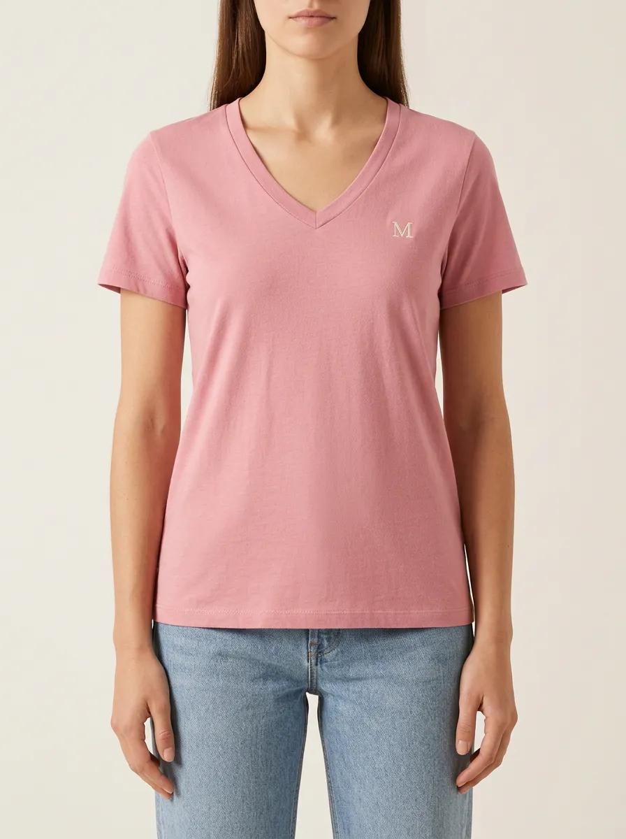 Women's Pink Minimalist Letter M Embroidered V-neck T-shirt