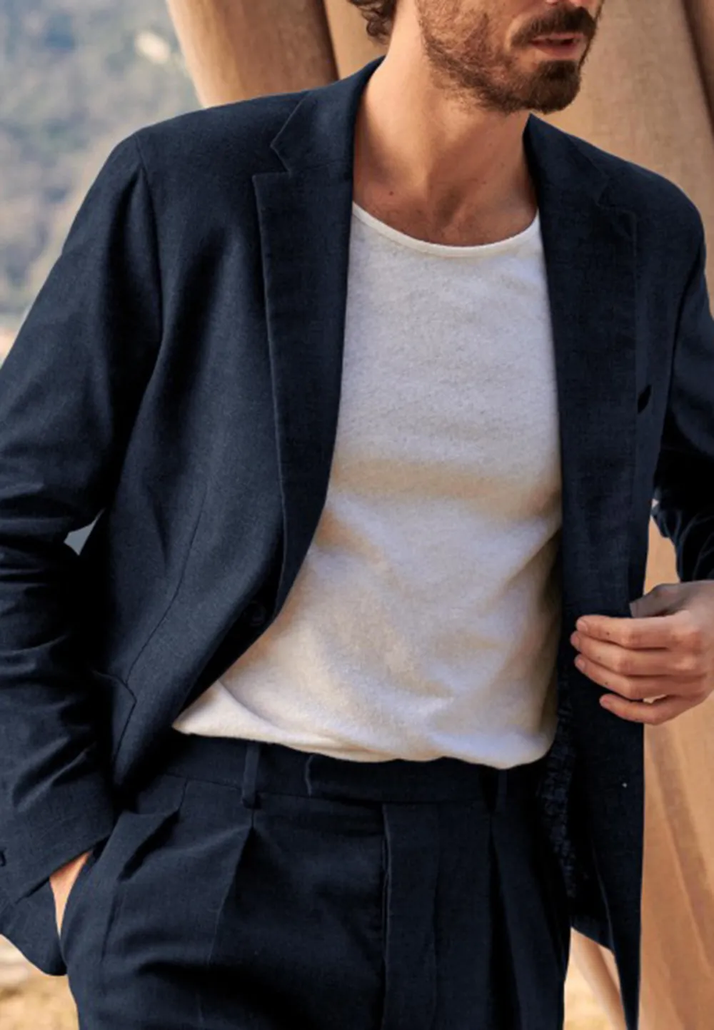 Navy Blue Linen Blend Unstructured Blazer Jacket