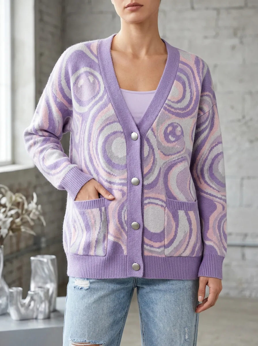 Women's Retro Swirl Smiley Face Printed Cardigan