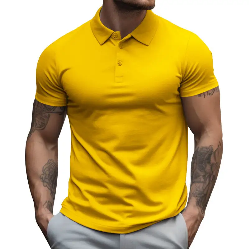 Men's Athletic Fitted Pique Polo Shirt Short-sleeved With Hidden Button Placket