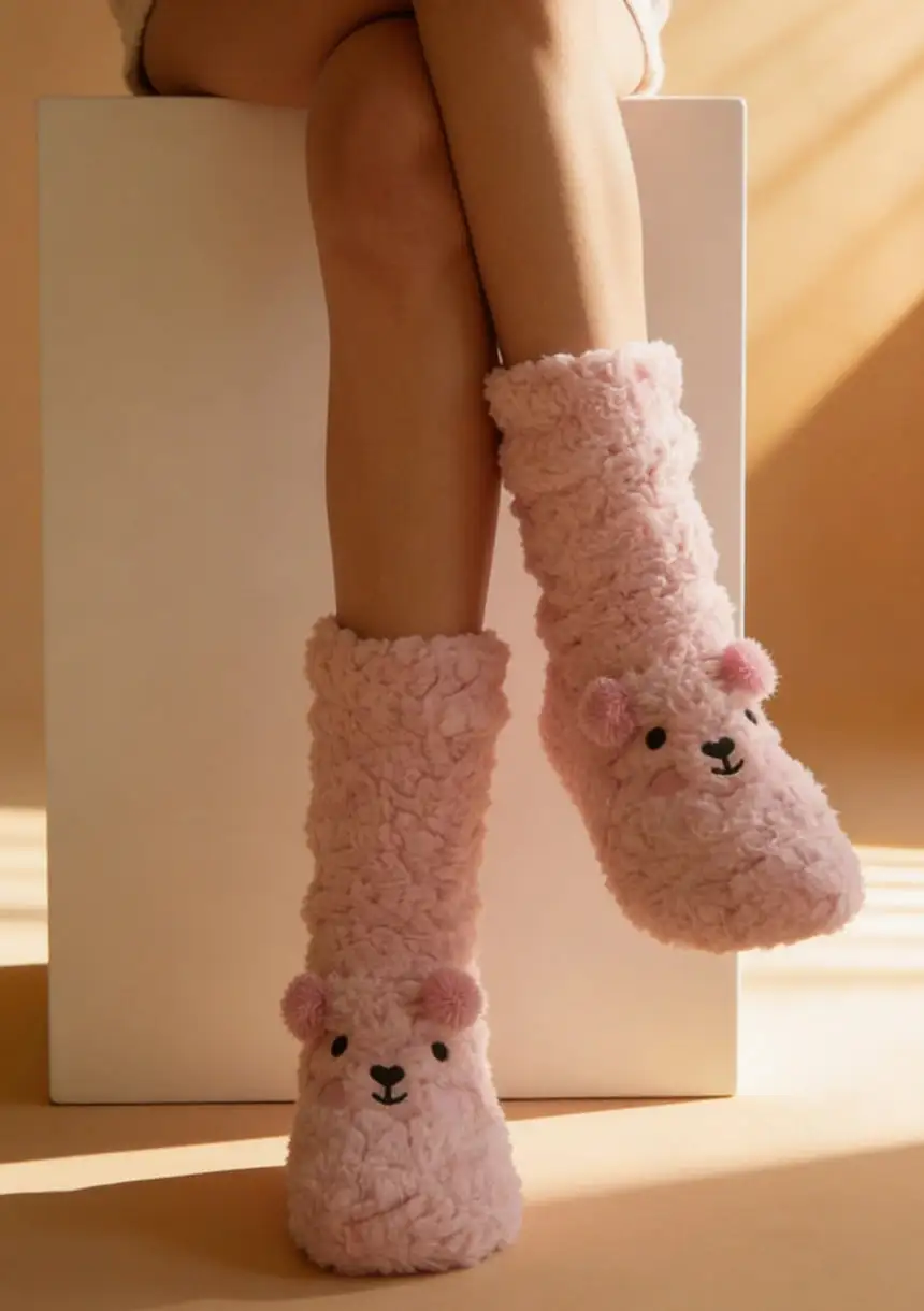 Long Plush Bear Motif Socks