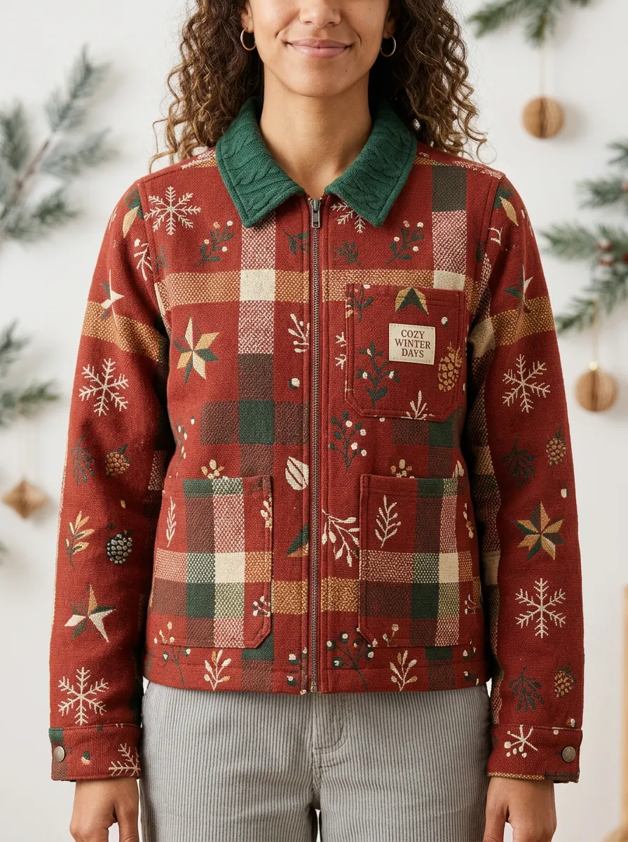 Christmas Snowflake Plaid Pattern Print Zip-up Jacket
