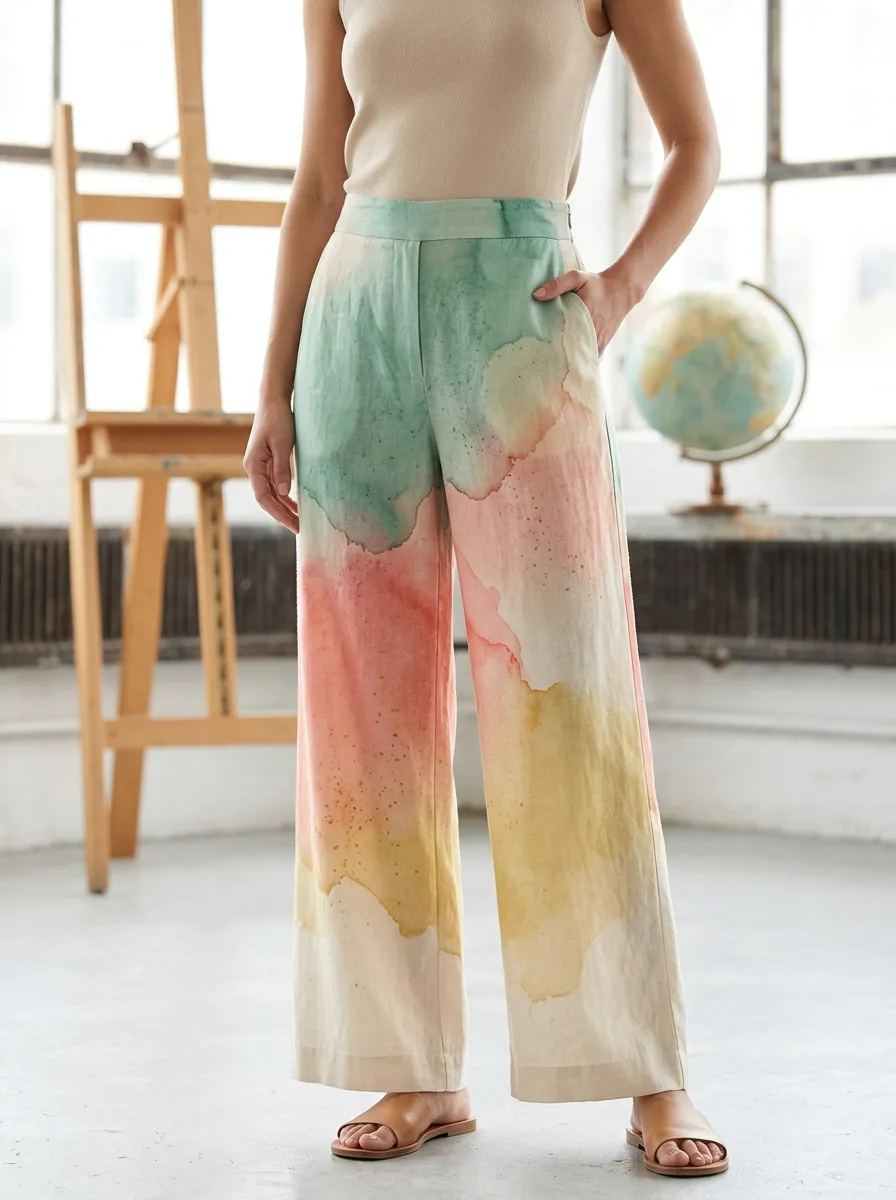 Women's Watercolor Abstract Pastel Printed Wide Leg Pants