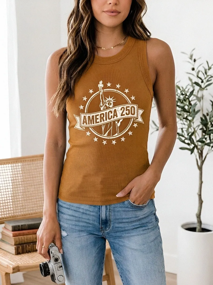 Women's USA Patriotic Statue of Liberty America 250 Printed Tank Top