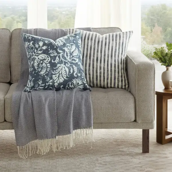 Yarn Dyed Bengal Stripe Distressed Floral  Throw Pillows