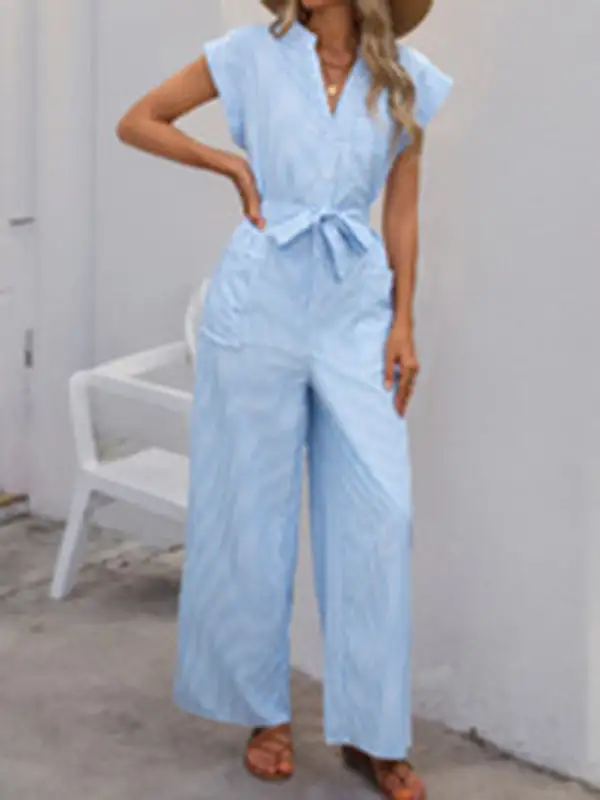 Sleeveless V Neck Withe Vertical Striped Jumpsuit