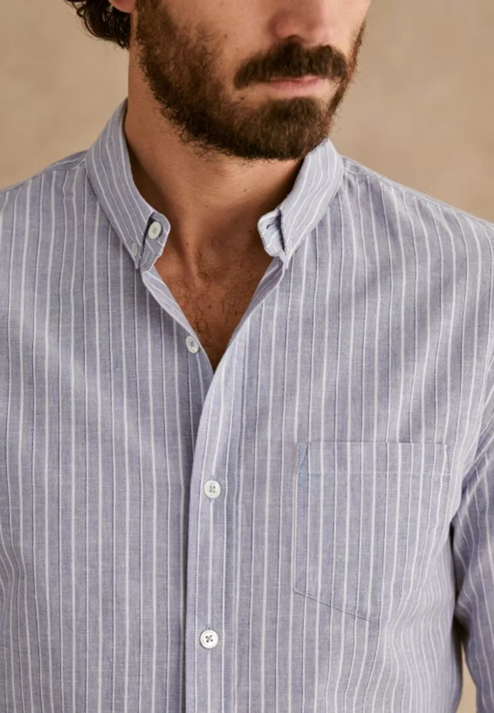Light Blue White Thin Stripe Cotton Linen Blend Shirt