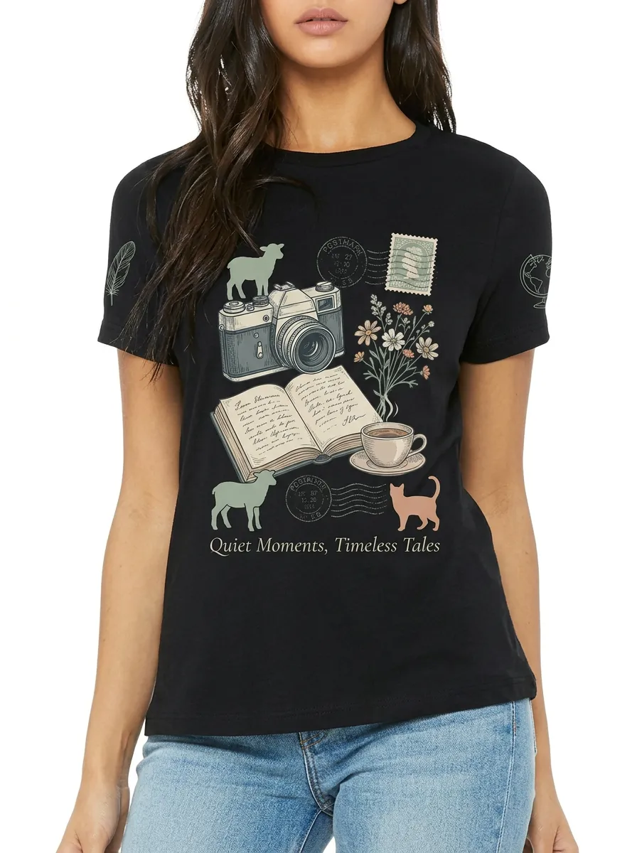 Women's Book Lover Camera Cat Floral Printed T-shirt