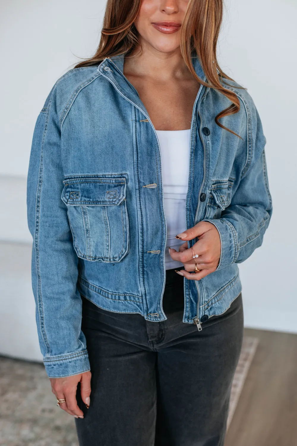 Collared Zip-Front Denim Jacket