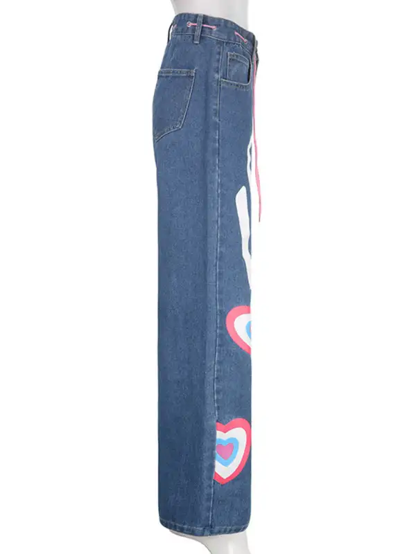 Contrasting Heart Graffiti Print Loose Denim Jeans