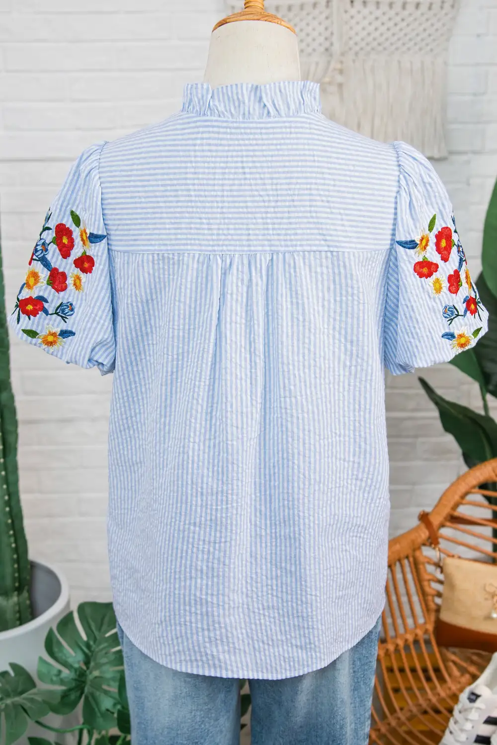 Striped Floral Embroidered Shirt Blouse