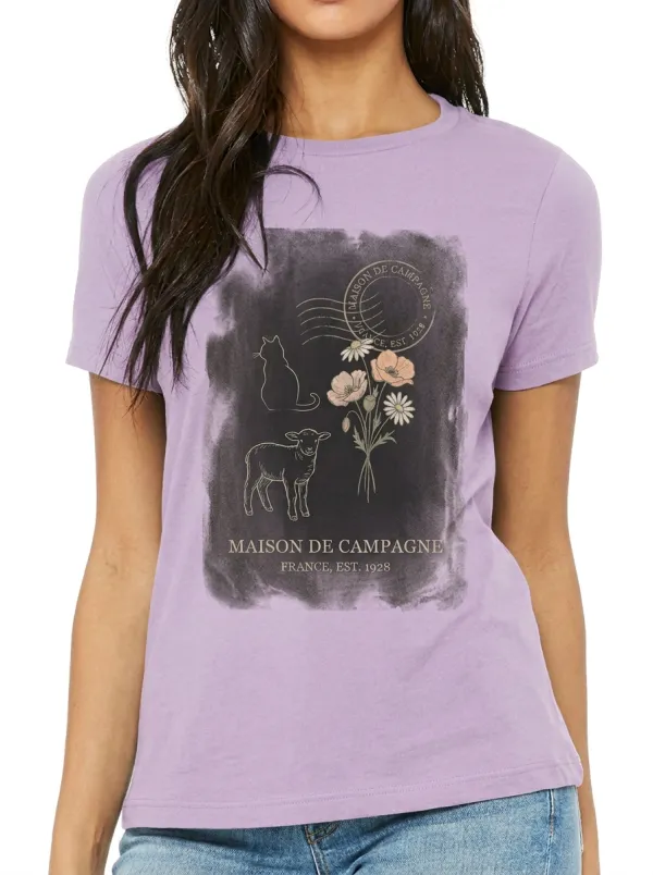 Women's French Countryside Cat Lamb Floral Printed T-shirt