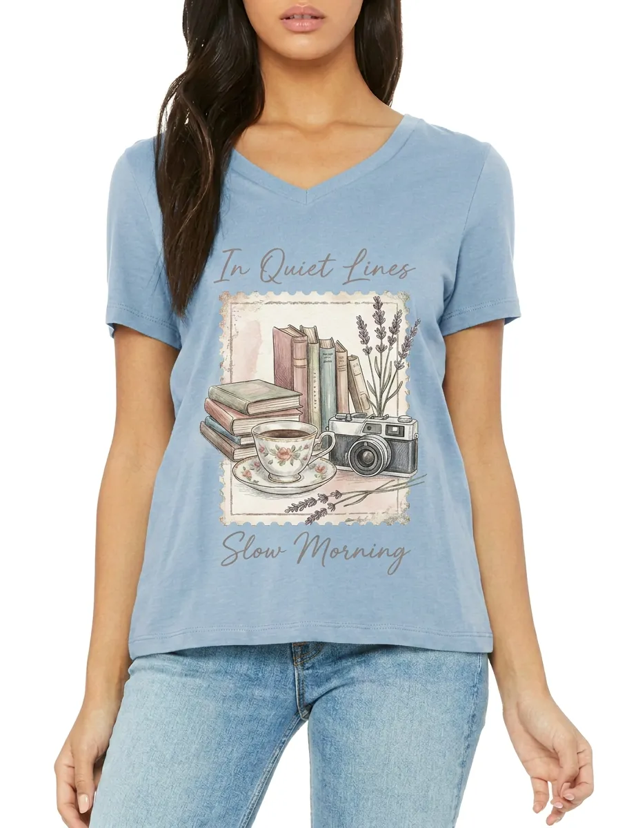 Women's Book Lover Slow Morning Coffee Camera Printed V-neck T-shirt