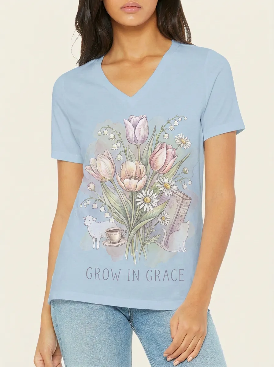 Women's Grow In Grace Tulip Flower Cat Lamb Printed V-neck T-shirt