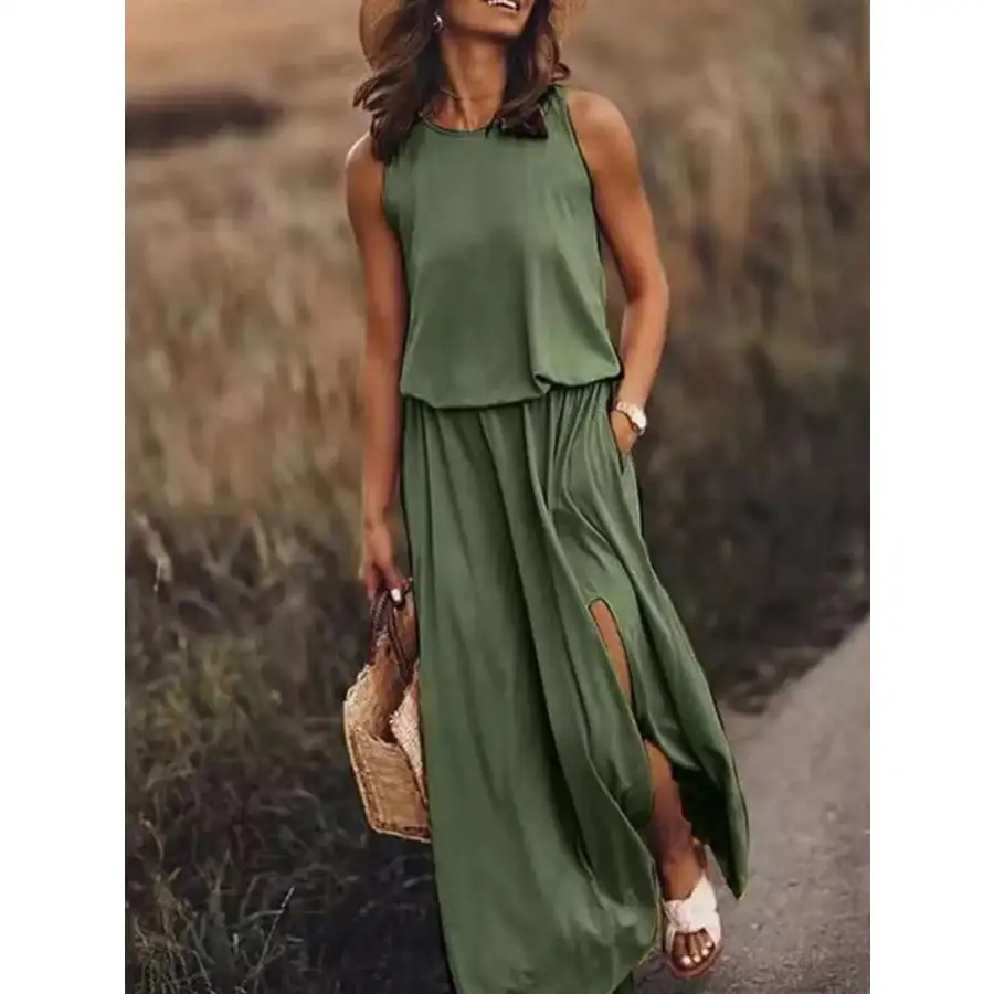 Full Size Round Neck Sleeveless Slit Maxi Dress Plus Size